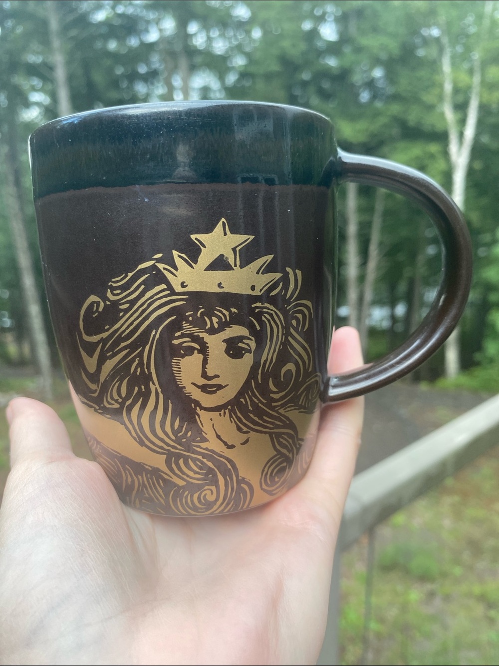 Starbucks Coffee Siren Mermaid 2012 Anniversary Coffee Mug Black Brown Gold 12oz